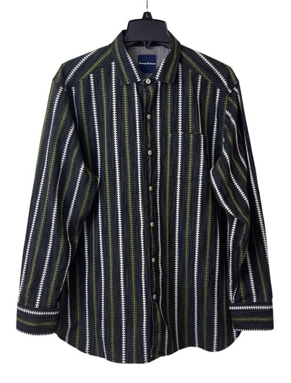 Tommy Bahama Shirt Mens Large Green Long Sleeve Striped Button Up Casual Cotton